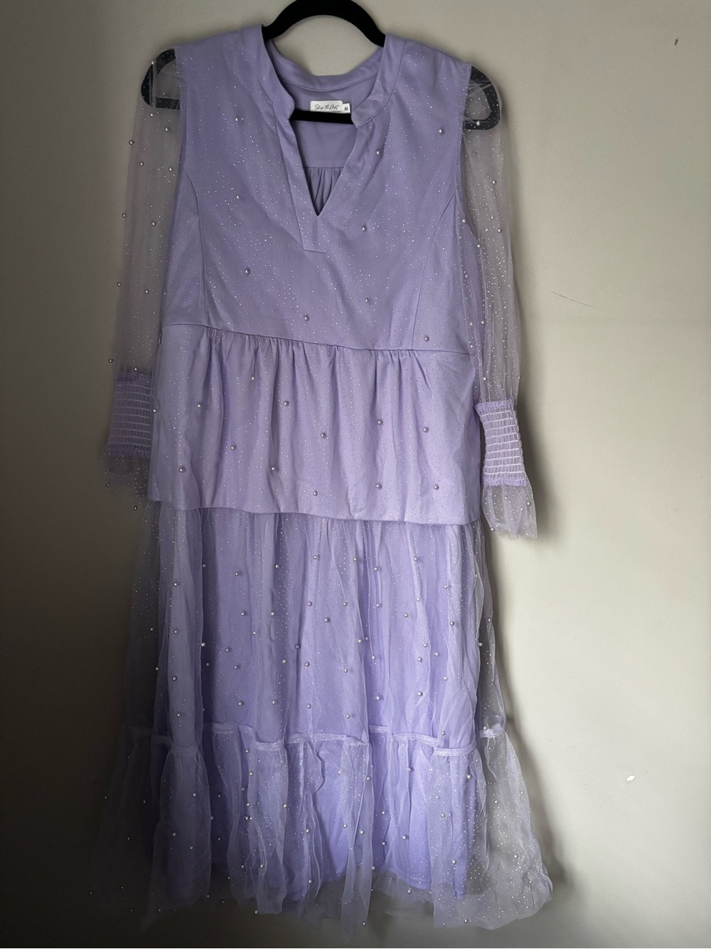 Sleeveless Lilac Beaded Tiered Formal Dress with Sheer Glitter Sleeves